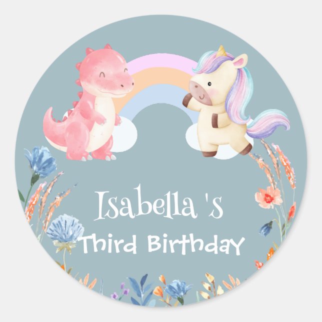 Cute Dinosaur Unicorn rainbow Flower birthday name Classic Round Sticker (Front)