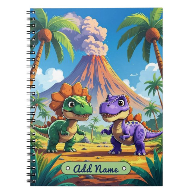 Cute Dinosaur Volcano Notebook – Editable Name (Front)
