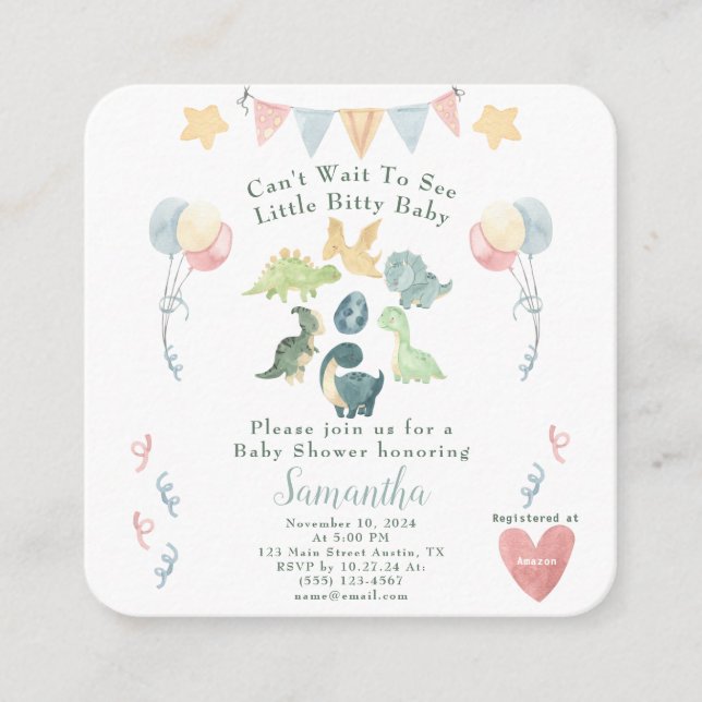 Cute Dinosaur Watercolor Baby Shower Blue Details Enclosure Card (Front)