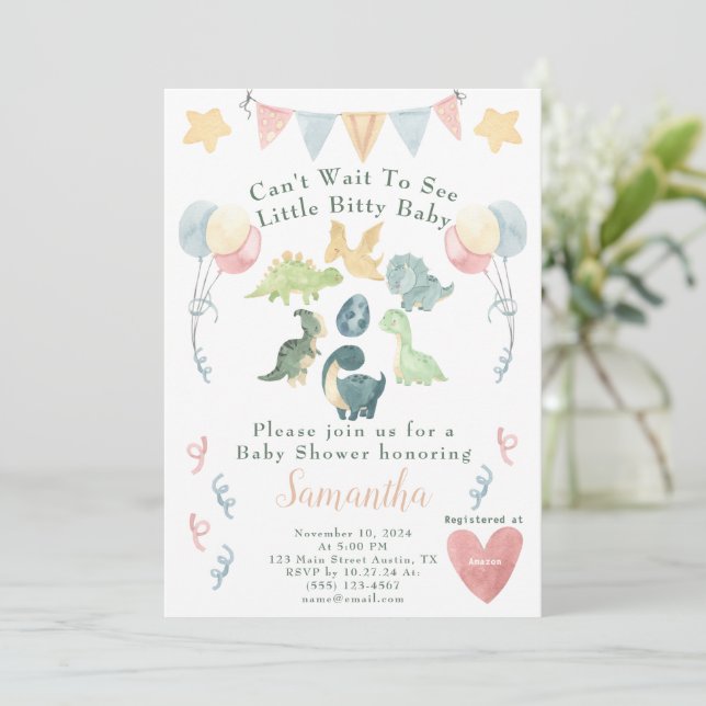Cute Dinosaur Watercolor Baby Shower Invitation (Standing Front)