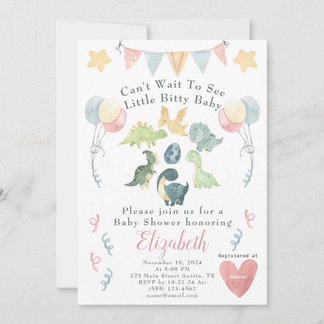Cute Dinosaur Watercolor Baby Shower Invitation (Front)