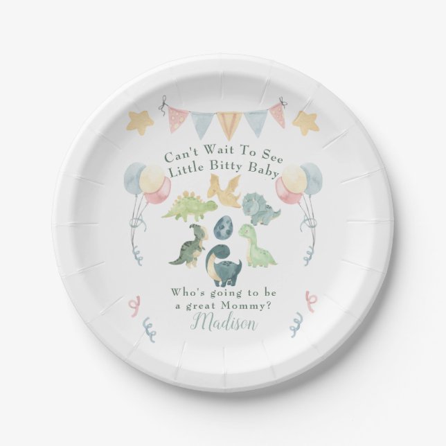 Cute Dinosaur Watercolor Baby Shower Paper Plate (Front)