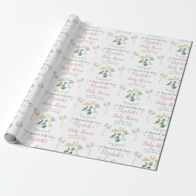 Cute Dinosaur Watercolor Baby Shower Personalised Wrapping Paper (Unrolled)
