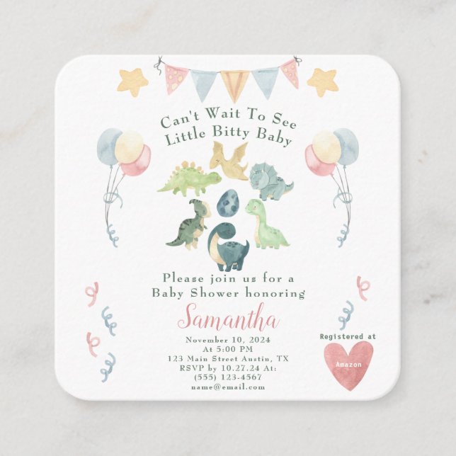 Cute Dinosaur Watercolor Baby Shower Pink Details Enclosure Card (Front)