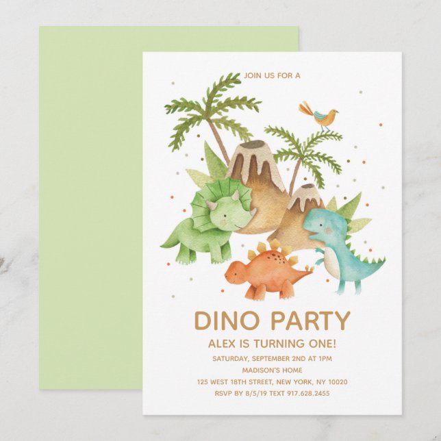 Cute  Dinosaur Watercolor Birthday Party  Invitation (Front/Back)