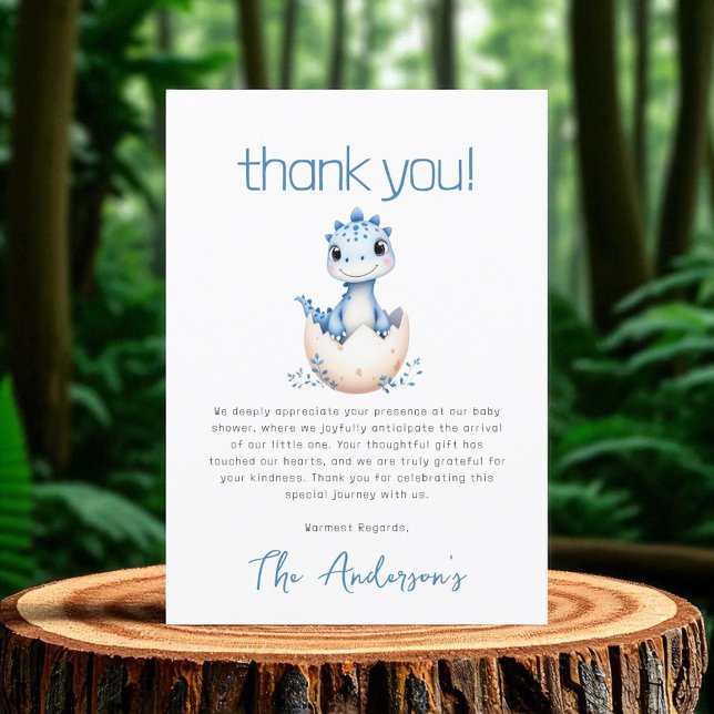 Cute Dinosaur Watercolor Blue Baby Shower Thank You Card (Creator Uploaded)