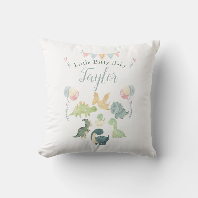 Cute Dinosaur Watercolor Blue Personalised Baby Cushion (Front)