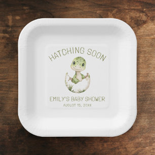 Cute Dinosaur Watercolor Hatching Soon Baby Shower Paper Plate