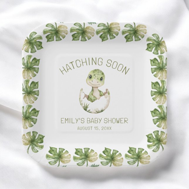 Cute Dinosaur Watercolor Hatching Soon Baby Shower Paper Plate (Creator Uploaded)