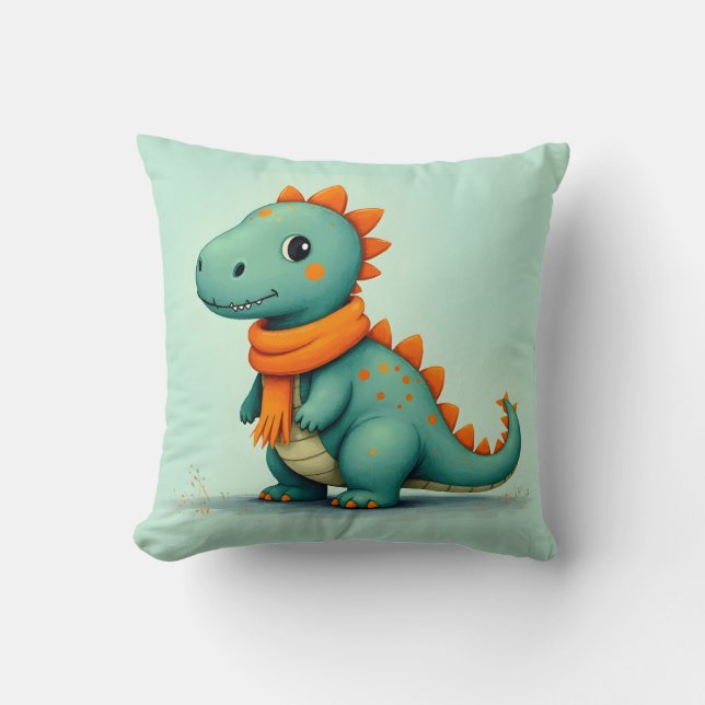 Cute Dinosaur Wearing an Orange Scarf Cushion (Front)