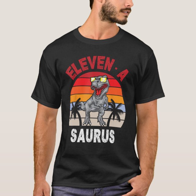 Cute Dinosaur Wearing Glasses 11 Years Old Eleven  T-Shirt (Front)