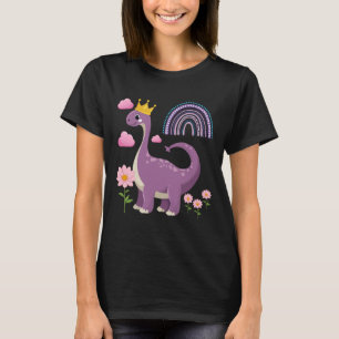 Cute Dinosaur Wearing Princess Crown Rainbow Flowe T-Shirt