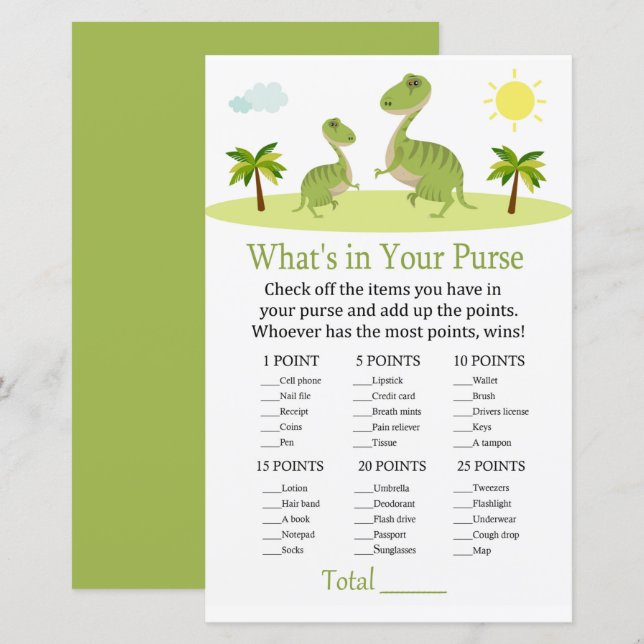 Cute Dinosaur What's in your purse game babyshower (Front/Back)