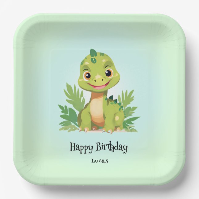 Cute dinosaur wild jungle zoo Birthday party boys Paper Plate (Front)