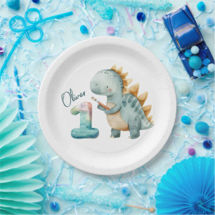 Cute dinosaur with a brush 1st Birthday Paper Plate