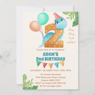 Cute dinosaur with balloons 2nd birthday invitation
