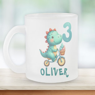 Cute Dinosaur with Bicycle 3rd Birtday Frosted Glass Coffee Mug
