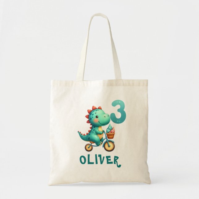 Cute Dinosaur with Bicycle 3rd Birtday Tote Bag (Front)