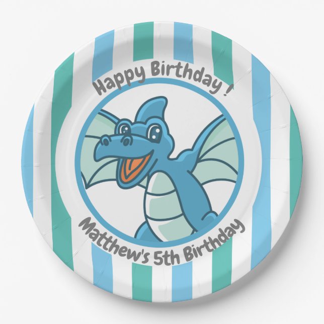Cute Dinosaur with Blue Green Stripes Paper Plate (Front)
