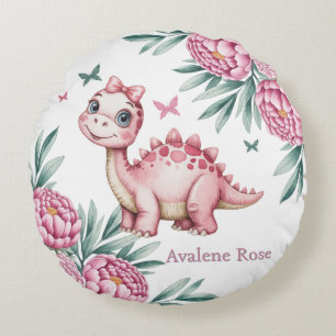 Cute Dinosaur with Butterflies Baby Shower Gift Round Cushion