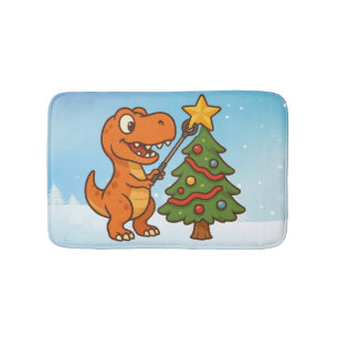 Cute dinosaur with Christmas tree Bath Mat