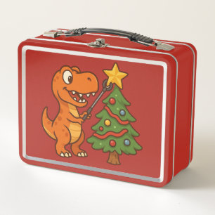 Cute dinosaur with Christmas tree Metal Lunch Box