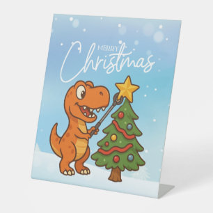Cute dinosaur with Christmas tree Pedestal Sign