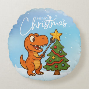 Cute dinosaur with Christmas tree Round Cushion