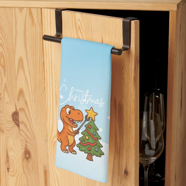 Cute dinosaur with Christmas tree Tea Towel (Thirds Fold)