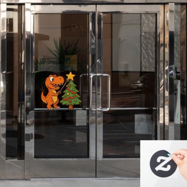 Cute dinosaur with Christmas tree Window Cling (Office Door)