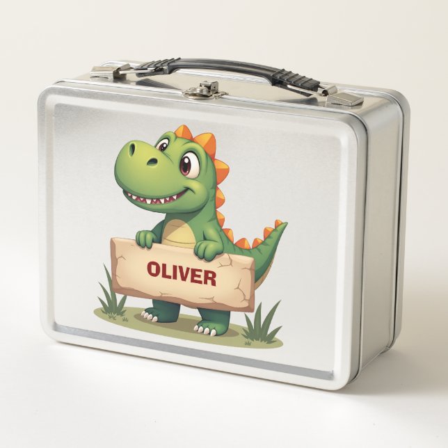 Cute Dinosaur with Name Sign Personalised Metal Lunch Box (Front)