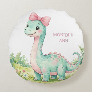 Cute Dinosaur With Pink Bow Baby Shower Gift Round Cushion