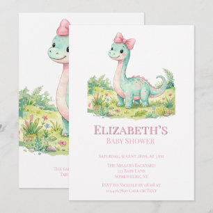 Cute Dinosaur With Pink Bow Baby Shower  Invitation