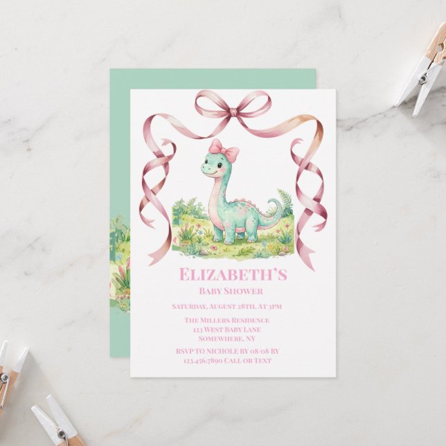 Cute Dinosaur With Pink Bow Baby Shower  Invitation (Front/Back In Situ)