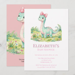 Cute Dinosaur With Pink Bow Baby Shower Invitation