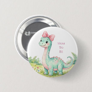 Cute Dinosaur With Pink Bow Baby Shower Mum To Be 6 Cm Round Badge