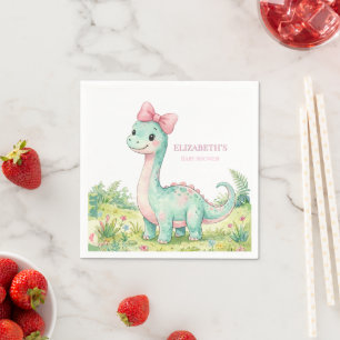 Cute Dinosaur With Pink Bow Baby Shower Napkin