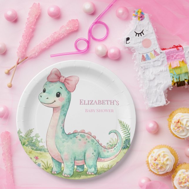 Cute Dinosaur With Pink Bow Baby Shower Paper Plate (Party)