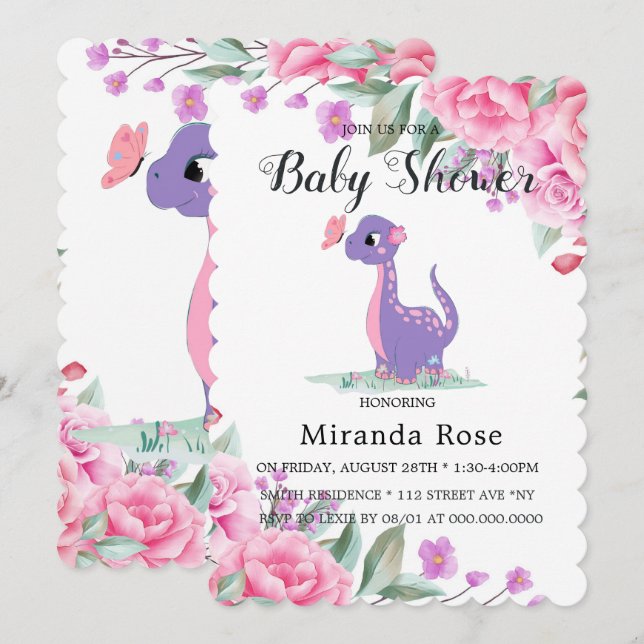 Cute Dinosaur With Pink Peony Baby Girl Shower Inv Invitation (Front/Back)