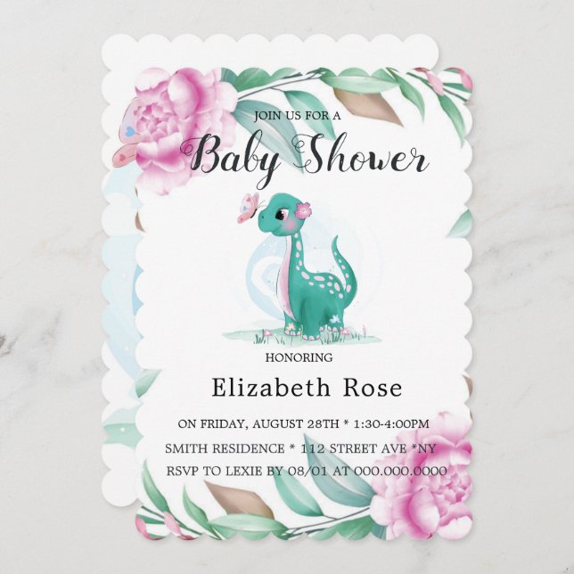 Cute Dinosaur With Pink Peony Baby Girl Shower Invitation (Front/Back)