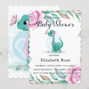 Cute Dinosaur With Pink Peony Baby Girl Shower Invitation