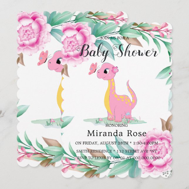 Cute Dinosaur With Pink Peony Baby Girl Shower Invitation (Front/Back)