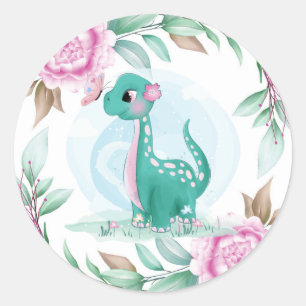 Cute Dinosaur with Pink Peony Baby Shower Classic Round Sticker