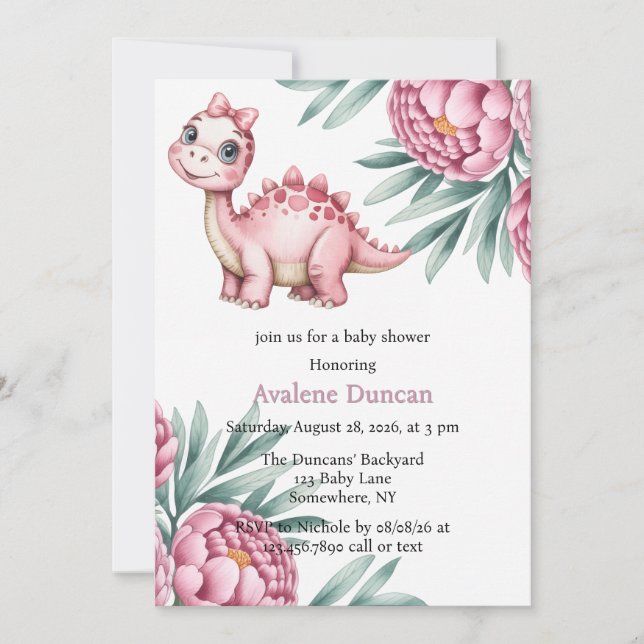 Cute Dinosaur with Pink Peony Girl Baby Shower Invitation (Front)