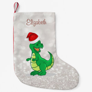 Cute Dinosaur With  Santa Hat ,Glittery Bokeh Small Christmas Stocking