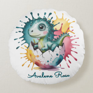 Cute Dinosaur with Watercolor Splash Baby Shower Round Cushion