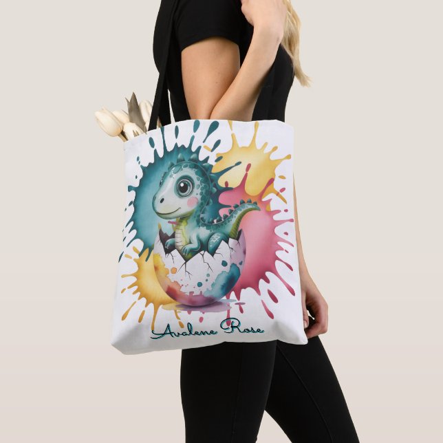 Cute Dinosaur with Watercolor Splash Baby Shower Tote Bag (Close Up)