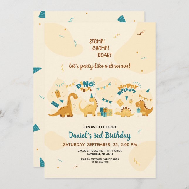 Cute Dinosaurs 3rd Birthday Dino Party  Invitation (Front/Back)