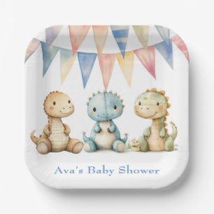 Cute Dinosaurs and Friends Boy Baby Shower Paper Plate