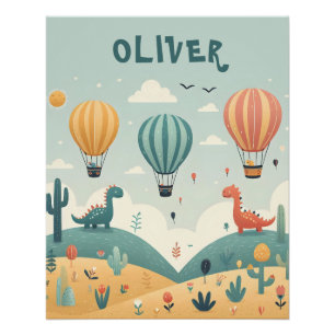 Cute Dinosaurs and Hot Air Balloons Poster
